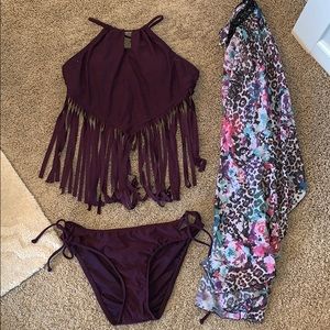 Purple fringe swimsuit and cover up